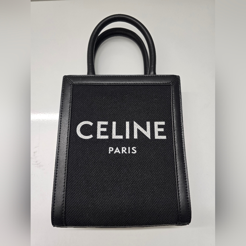 Mini Celine Vertical Crossbody Canvas Black and White Logo Tote